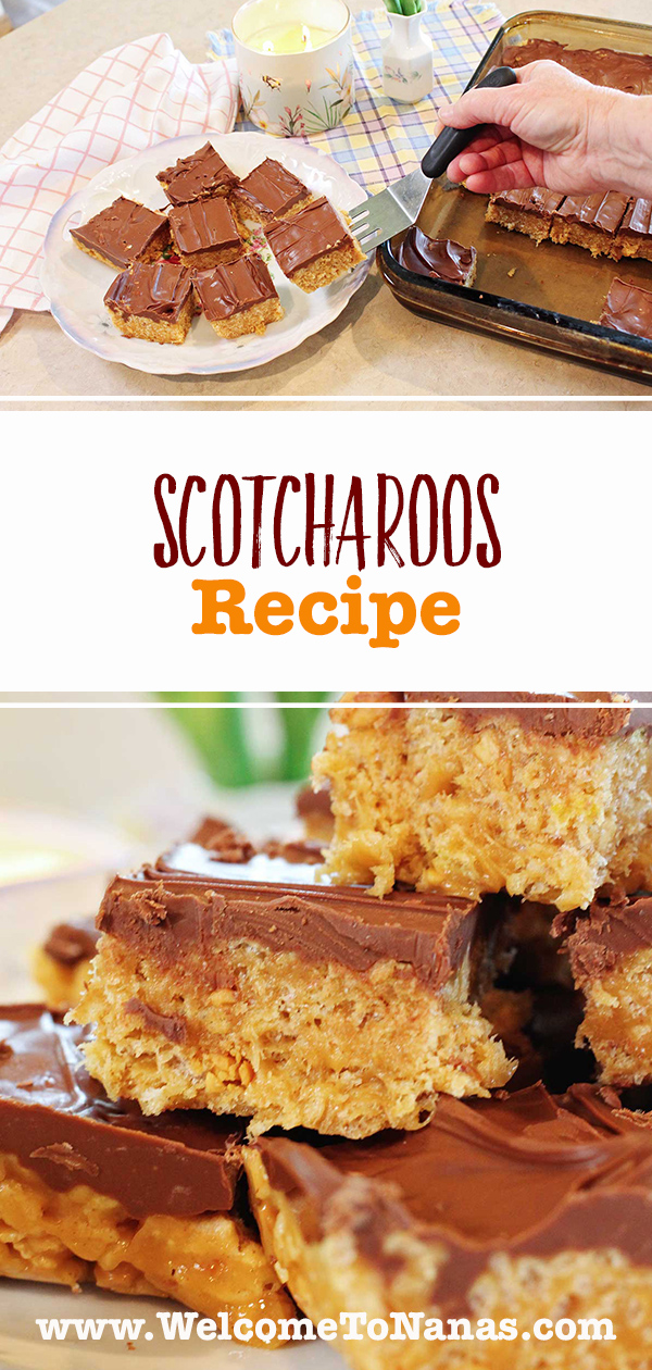 Uma pessoa servindo alguns scotcharoos em um prato e uma porção de scotcharoos empilhados e servidos.