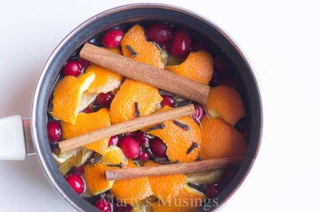 pot-pourri caseiro fervendo feito com laranjas, cranberries, paus de canela e cravos