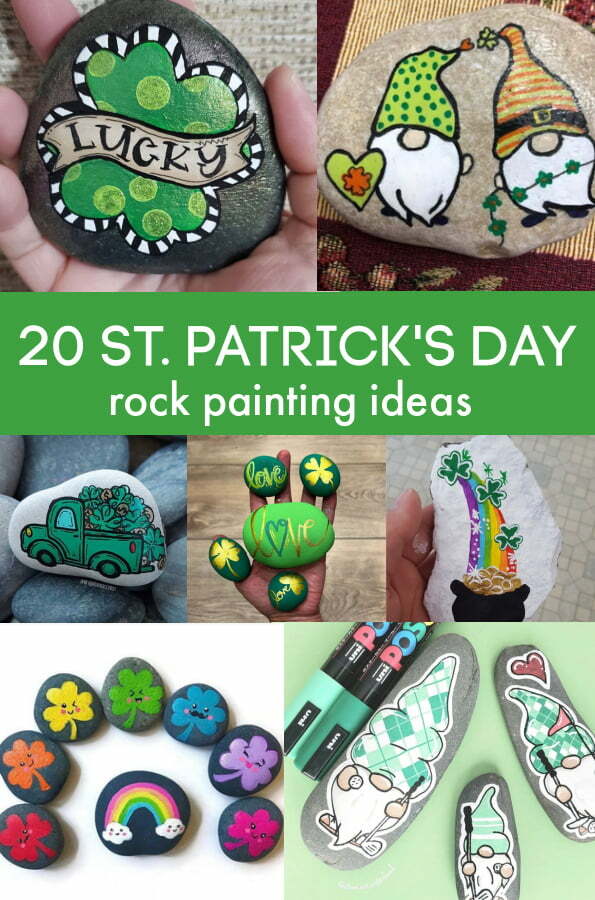 Colagem de múltiplos designs de pedras pintadas para o Dia de São Patrício