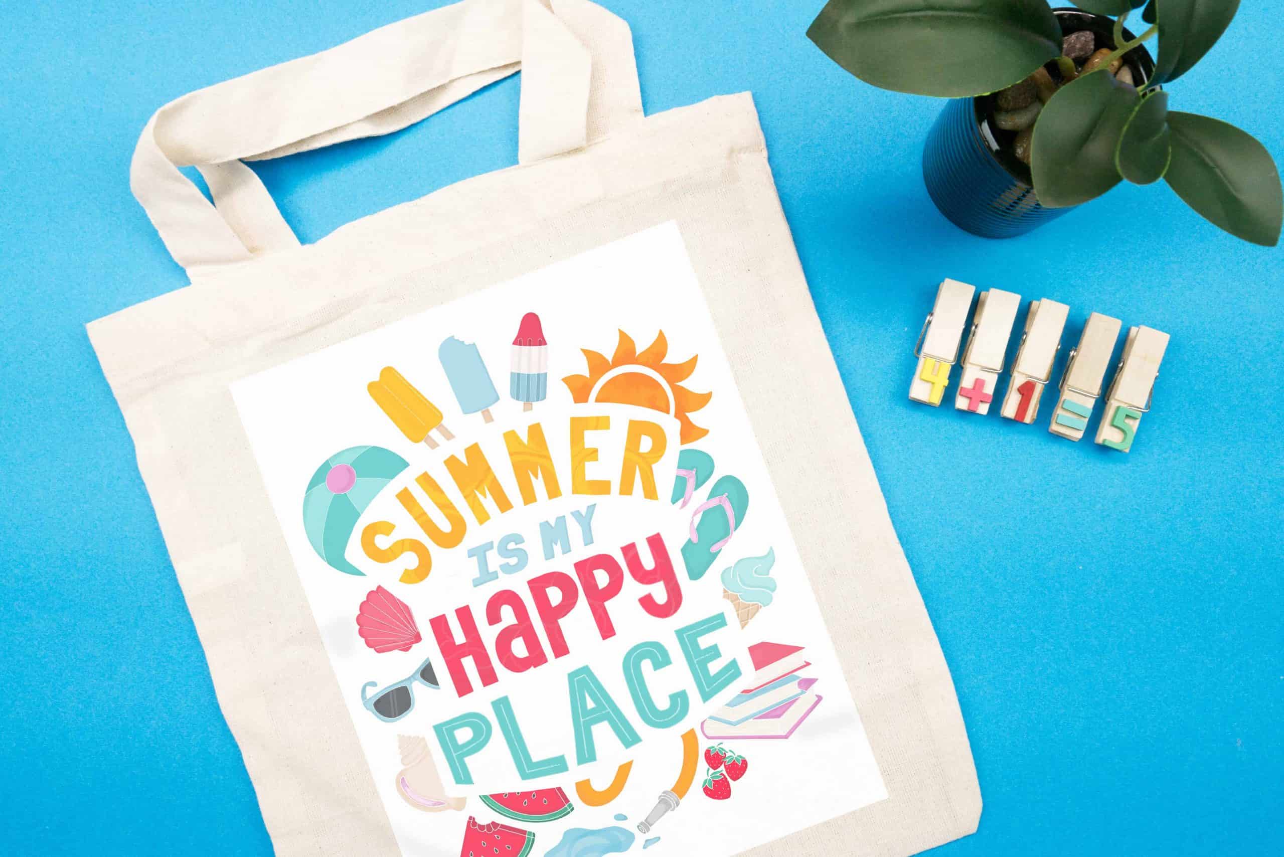 Bolsa de juta com arte colorida que diz, 'Verão é meu lugar feliz.'