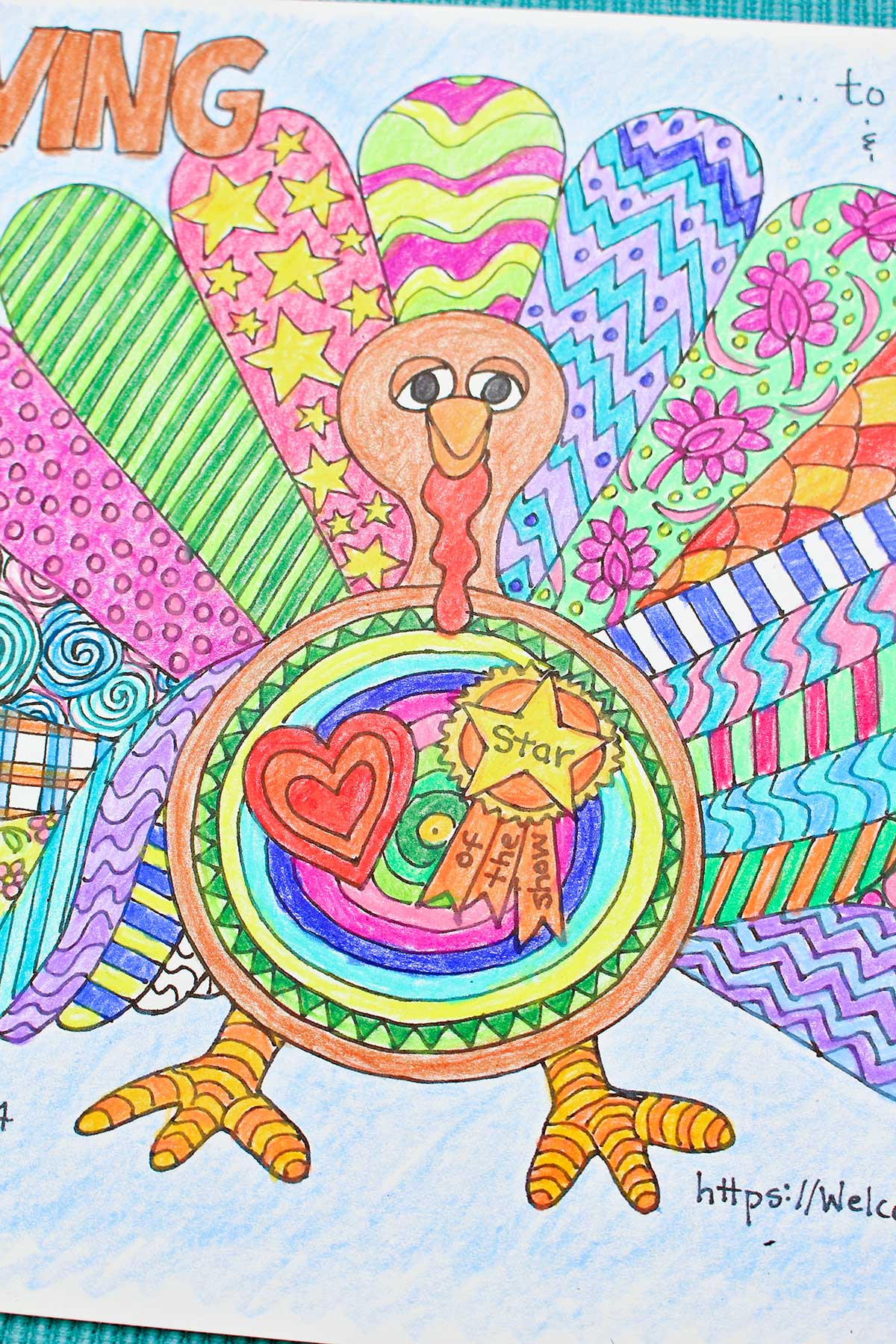 Detalhes em close de um peru colorido na página de colorir.