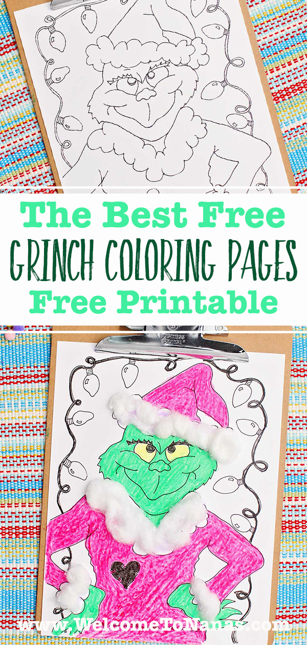 Duas imagens de uma página de colorir Grinch sem marcação e uma página completa com acentos de bolinhas de algodão.
