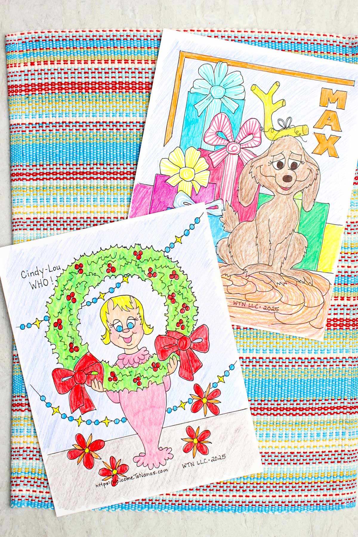 Páginas de colorir do Max, o cachorro, e da Cindy Lou Who do filme Como o Grinch Roubou o Natal
