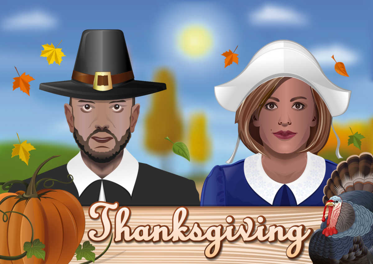 Happy Thanksgiving Thanksgiving scene with pilgrims and pumpkins and the word Thanksgiving on a wooden plaque.