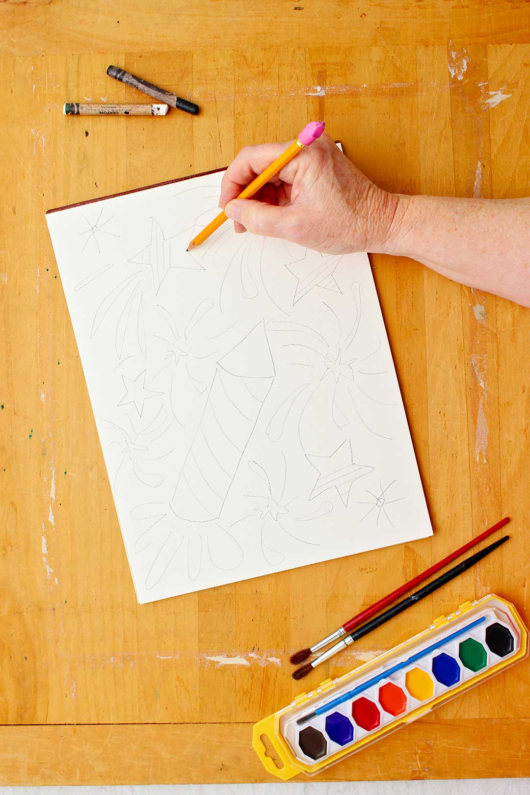 Desenho à mão do contorno de estrelas e foguetes para a resistência em aquarela.