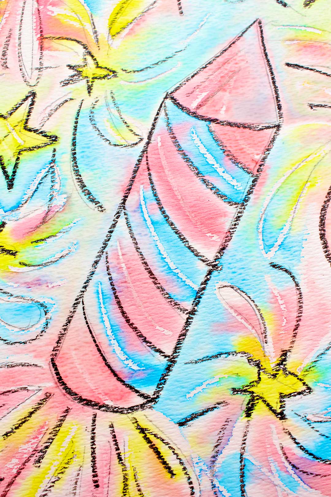 Close-up completo de um foguete na pintura de resistência em aquarela com giz de cera.