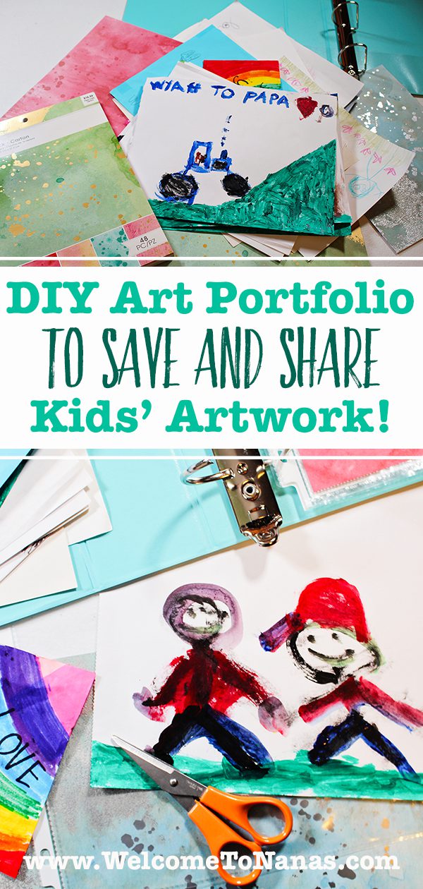 Uma imagem do Pinterest de obras de arte infantil, papel de scrapbook e um fichário.