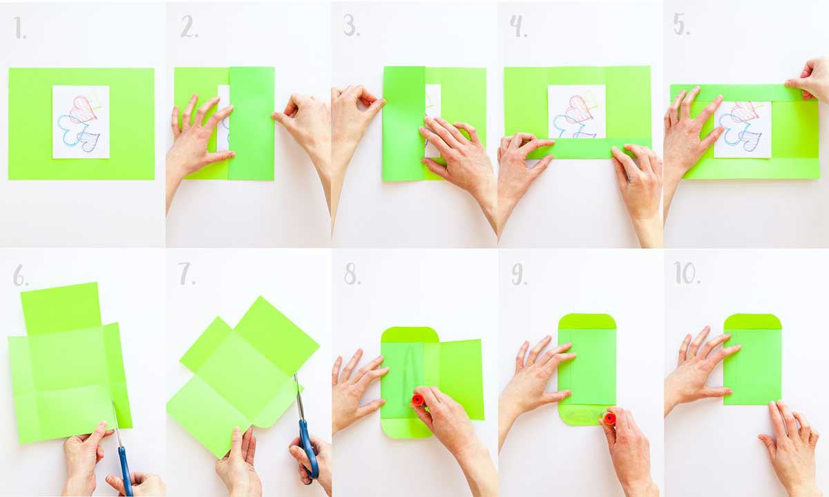Fazendo passo a passo um envelope de bolso verde feito à mão.