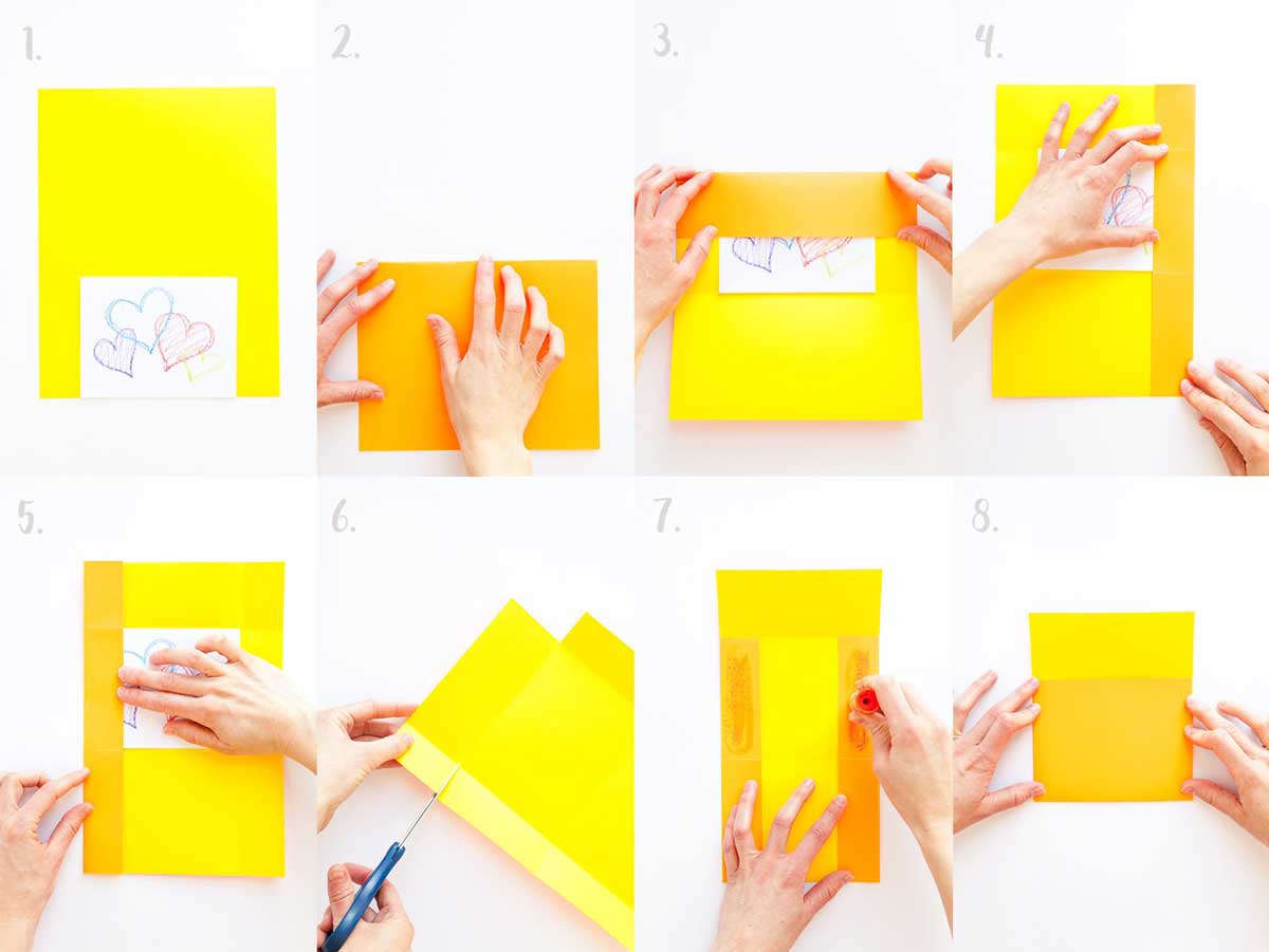Fazendo passo a passo um envelope quadrado amarelo feito à mão.