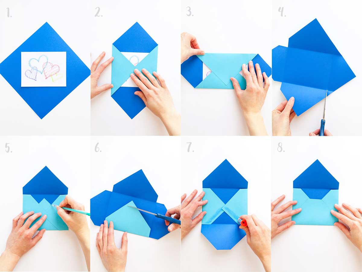 Passo a passo para fazer um envelope tradicional azul feito à mão.