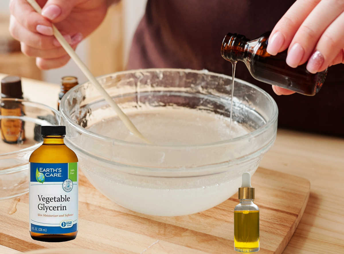Adicionando glicerina, vitamina E e óleo essencial. Mulher adicionando óleo essencial a uma tigela com sabão líquido caseiro. Frascos de glicerina e vitamina E ficam ao lado da tigela.