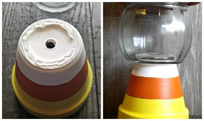 Um colagem mostrando um vaso de terracota pintado virado para baixo com cola em cima à esquerda e o mesmo vaso colado a um jarro de vidro à direita.