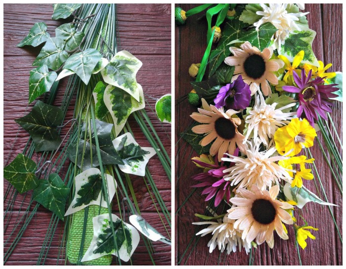 Folhas e flores de seda em um colagem.