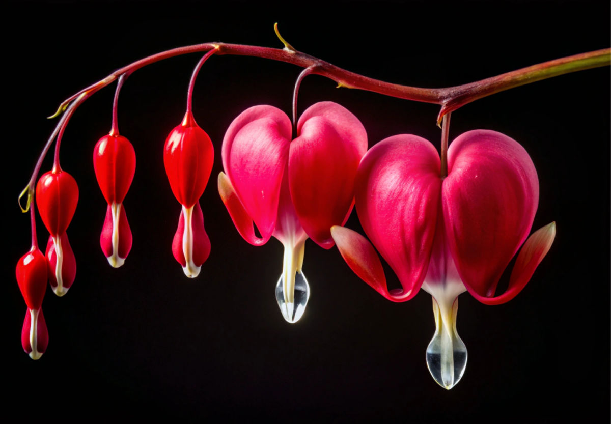 Foto de flores do coração-sangrento sobre um fundo preto.