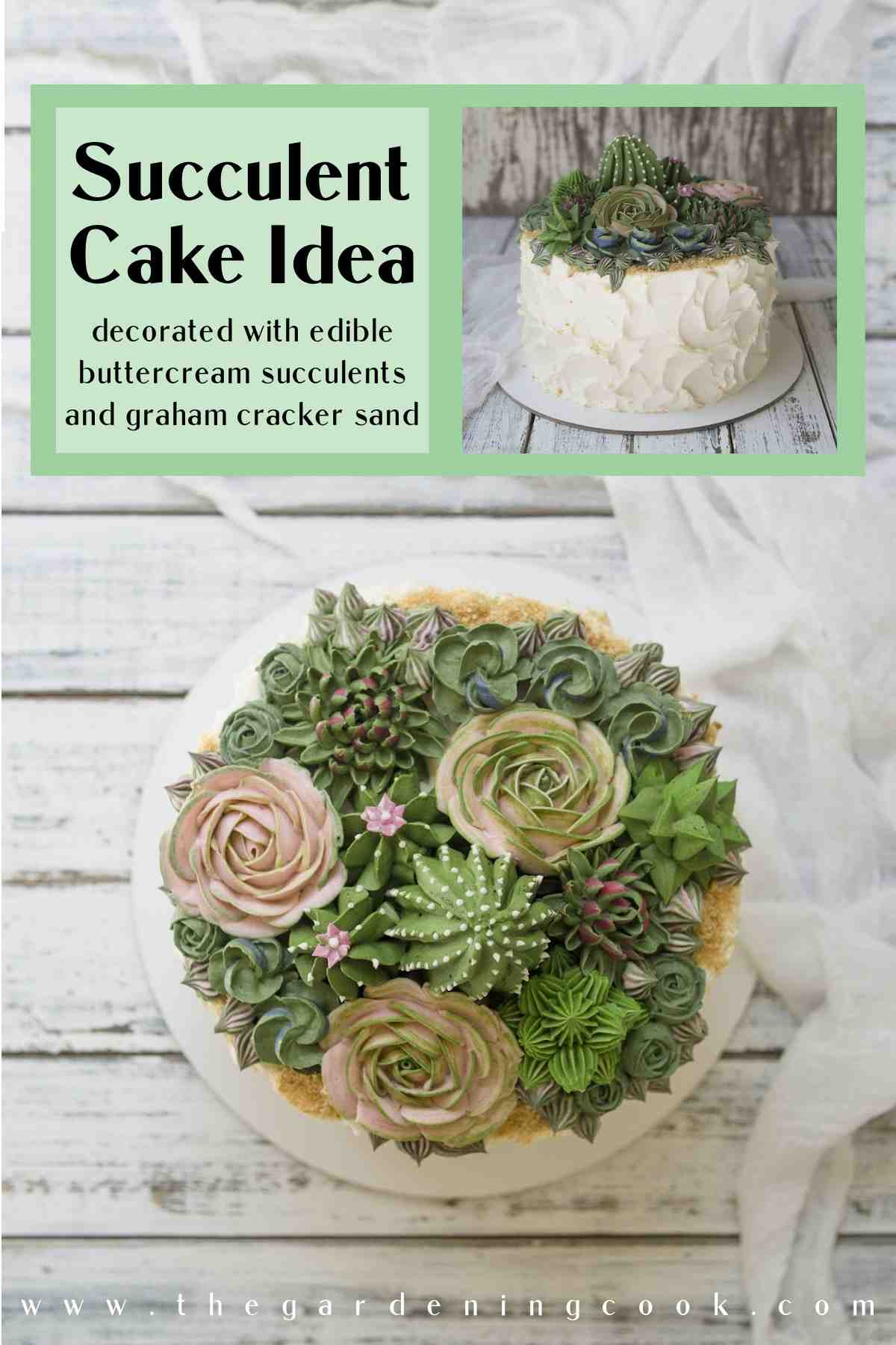 Um bolo com suculentas de buttercream com vista superior na parte inferior da imagem, uma vista lateral no canto superior direito da imagem e uma sobreposição de texto no canto superior esquerdo da imagem dizendo ideias de bolo com suculentas decorado com suculentas comestíveis de buttercream e areia de bolacha Graham.