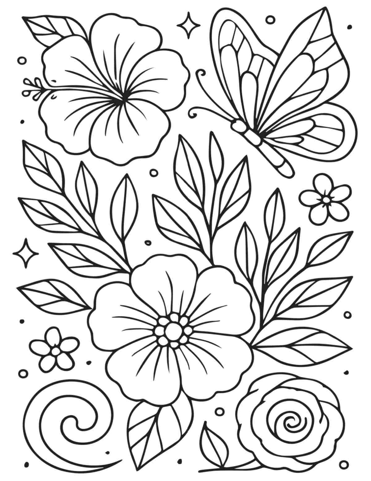 Uma imagem grátis de folhas para colorir de borboletas para imprimir com várias flores tropicais e folhagens e uma borboleta no canto da página para colorir.