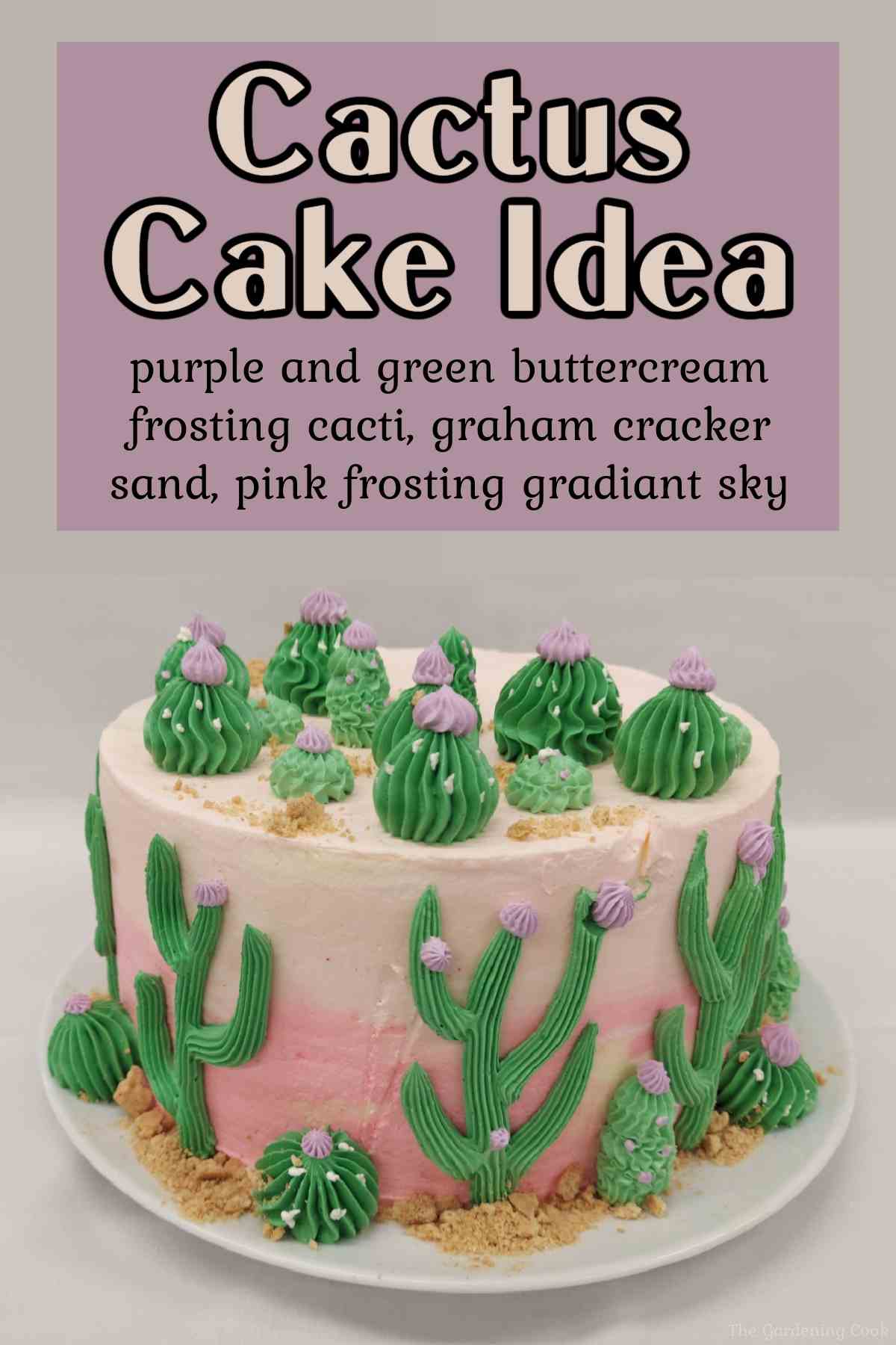 Um bolo de cacto com buttercream em degradê, com uma camada rosa ao redor, e cactos saguaro e barrel aplicados com buttercream no topo e nas laterais do bolo, com uma sobreposição de texto no topo dizendo Ideia de Bolo de Cacto. 