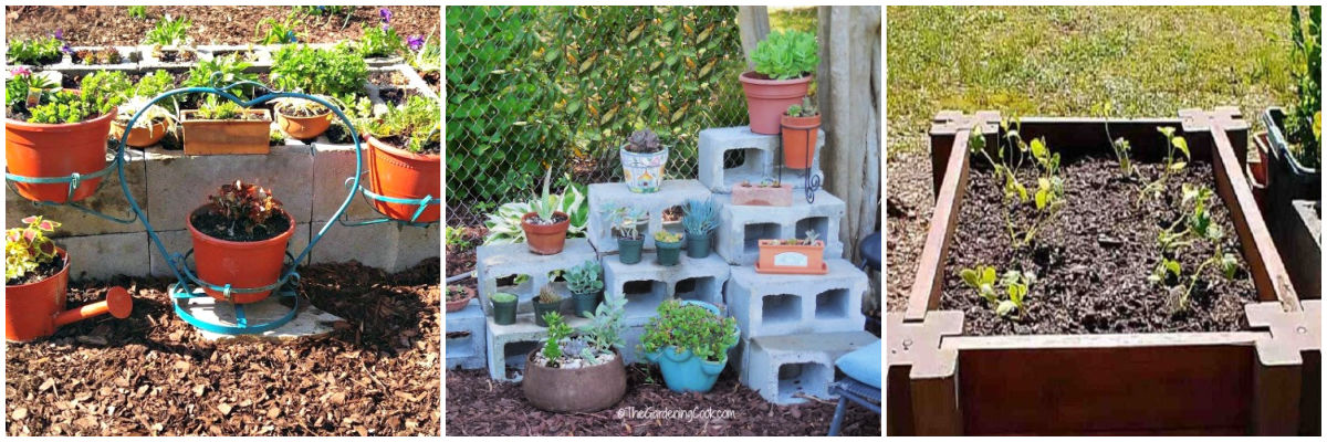 Mais projetos de blocos de cimento, incluindo um jardim de flores de blocos de concreto, uma exibição de suculentas ao ar livre feita de blocos de concreto e uma cama de jardinagem elevada de blocos de concreto e tábuas de madeira.