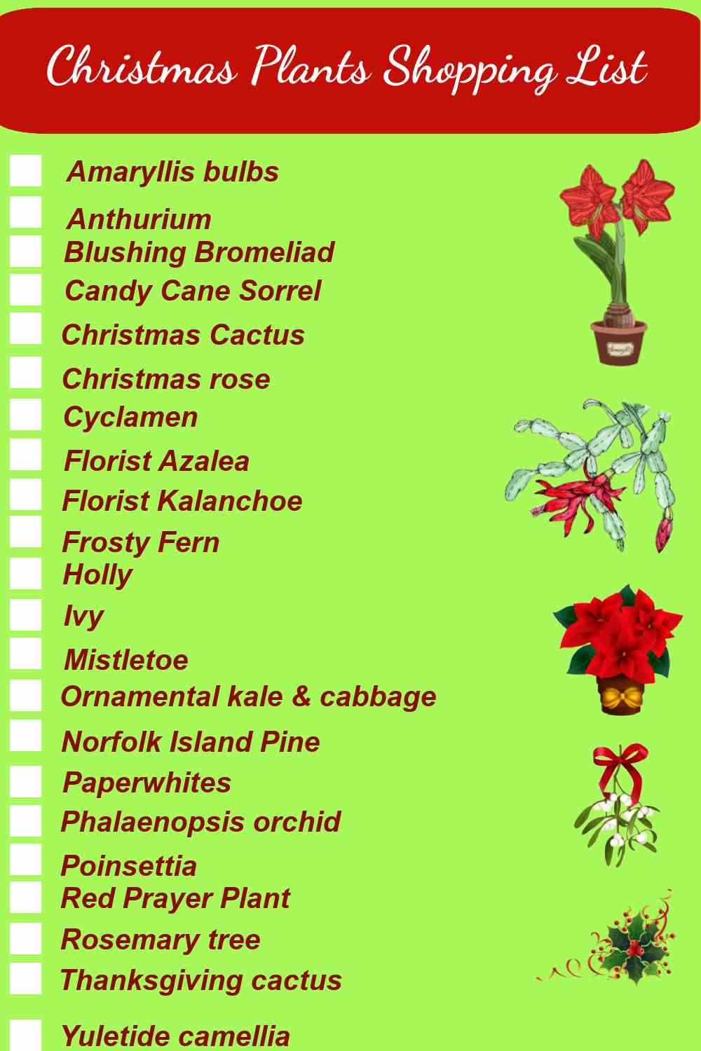 Lista de compras para plantas de Natal com nomes e caixas de seleção.