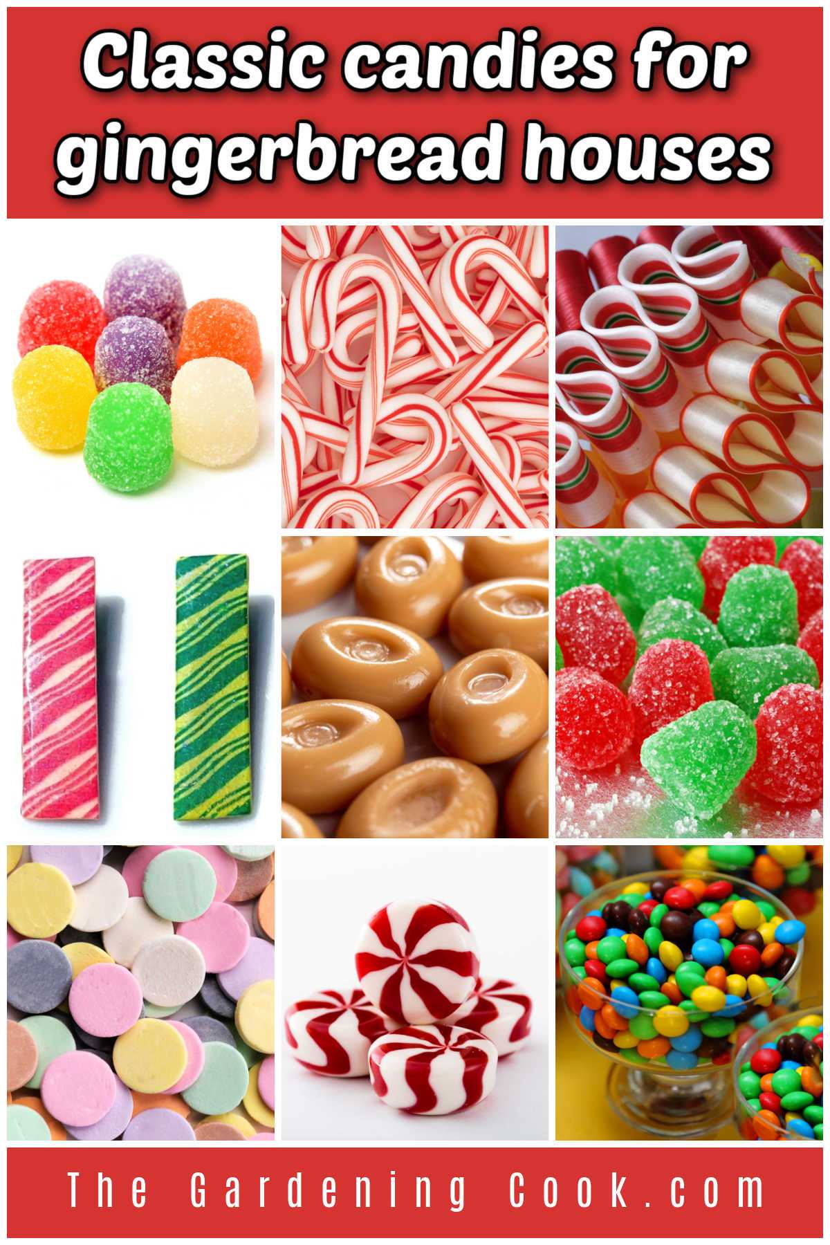 Um collage com fotos de balas usadas com frequência para decorar casas de gengibre. O texto vermelho diz: balas clássicas para casas de gengibre.