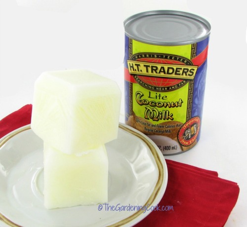 cubos de leite de coco congelados em um prato com guardanapo e uma lata de leite de coco light.