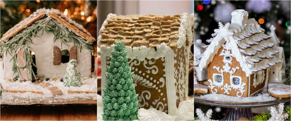 Usando elementos que não são balas em uma casa de gengibre. Um collage com fotos de uma casa de gengibre com alecrim e cereal Chex, uma casa com árvores feitas de sorvete e uma casa de gengibre com telhinhas de amêndoa e coco no telhado.