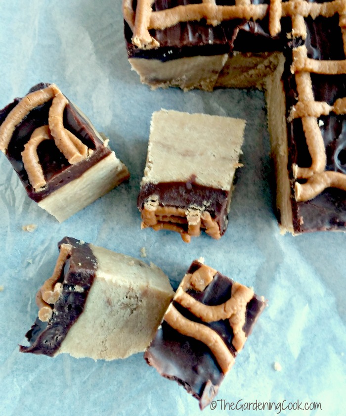 Fudge de copo de manteiga de amendoim Fudge de copo de manteiga de amendoim da Reese's cortado em quadrados.