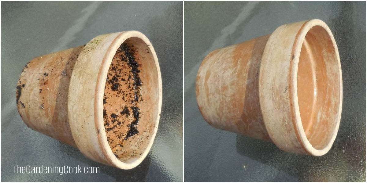 Uma montagem mostrando um vaso de barro sujo e um limpo sobre uma mesa de vidro.