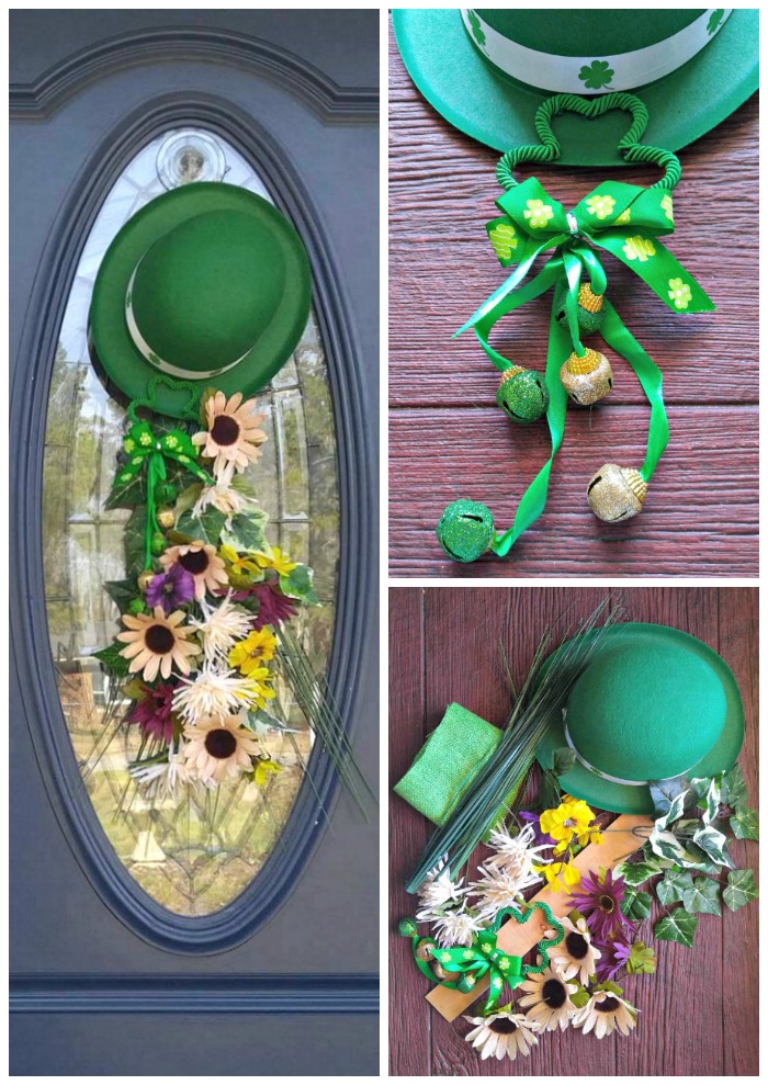 Guirlanda de porta do Dia de São Patrício com chapéu de duende, sinos e flores em uma porta azul.