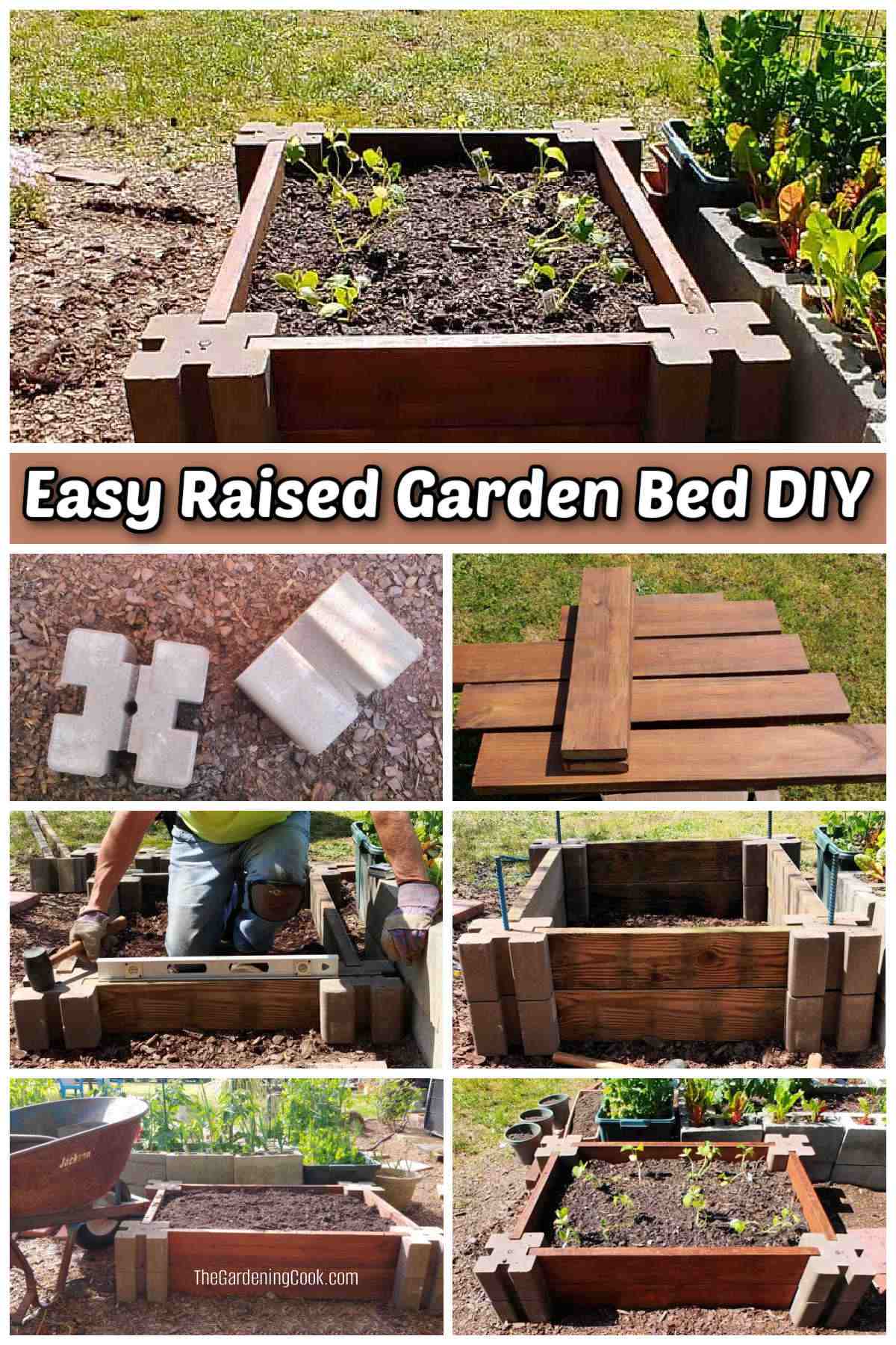 Passos como construir um projeto DIY de cama de jardim elevada fácil com blocos de cimento e tábuas de madeira.