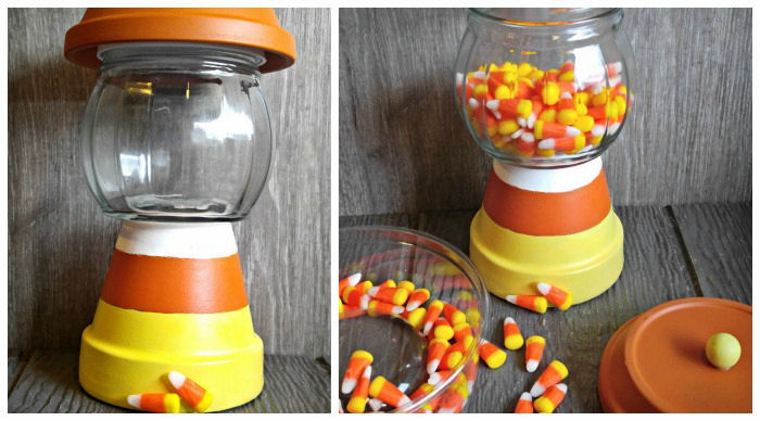Um colagem mostrando um pote de doces DIY vazio à esquerda e doces de milho em uma tigela e o pote de doces parcialmente preenchido com doces de milho.