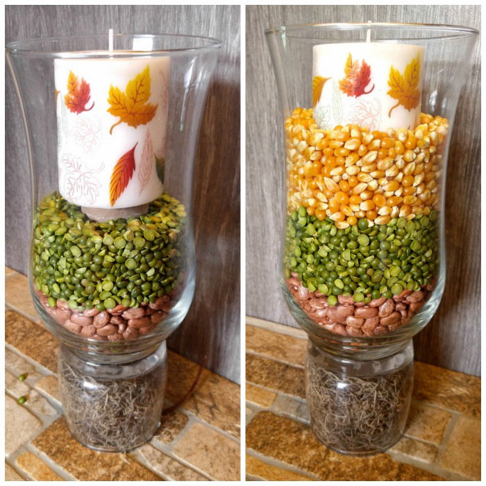 Porta-candela furacão DIY com uma vela, cercada por pipoca, ervilhas secas e feijões secos.