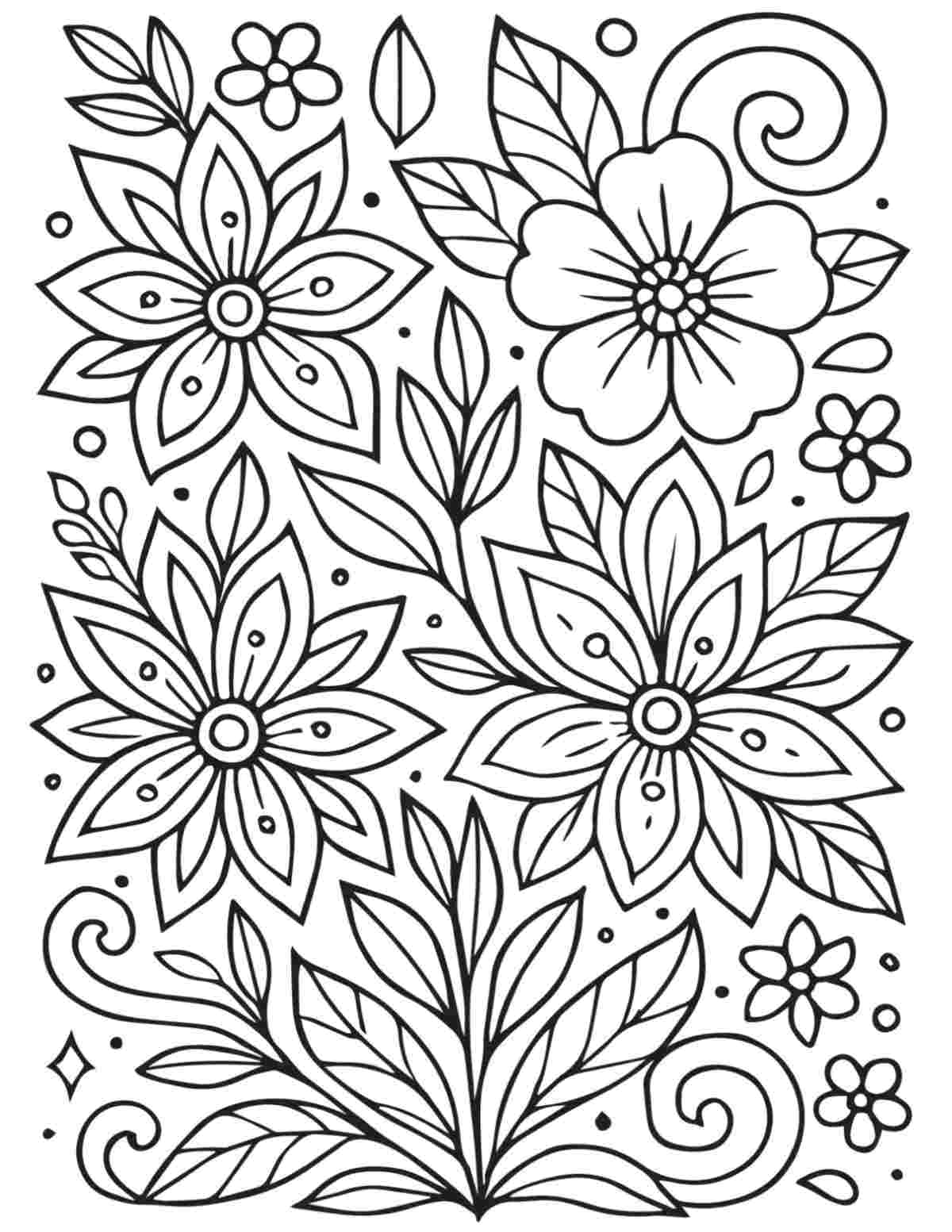 Uma folha grátis para colorir de flores para imprimir, completamente preenchida com cabeças de flores pequenas e grandes e folhagens.