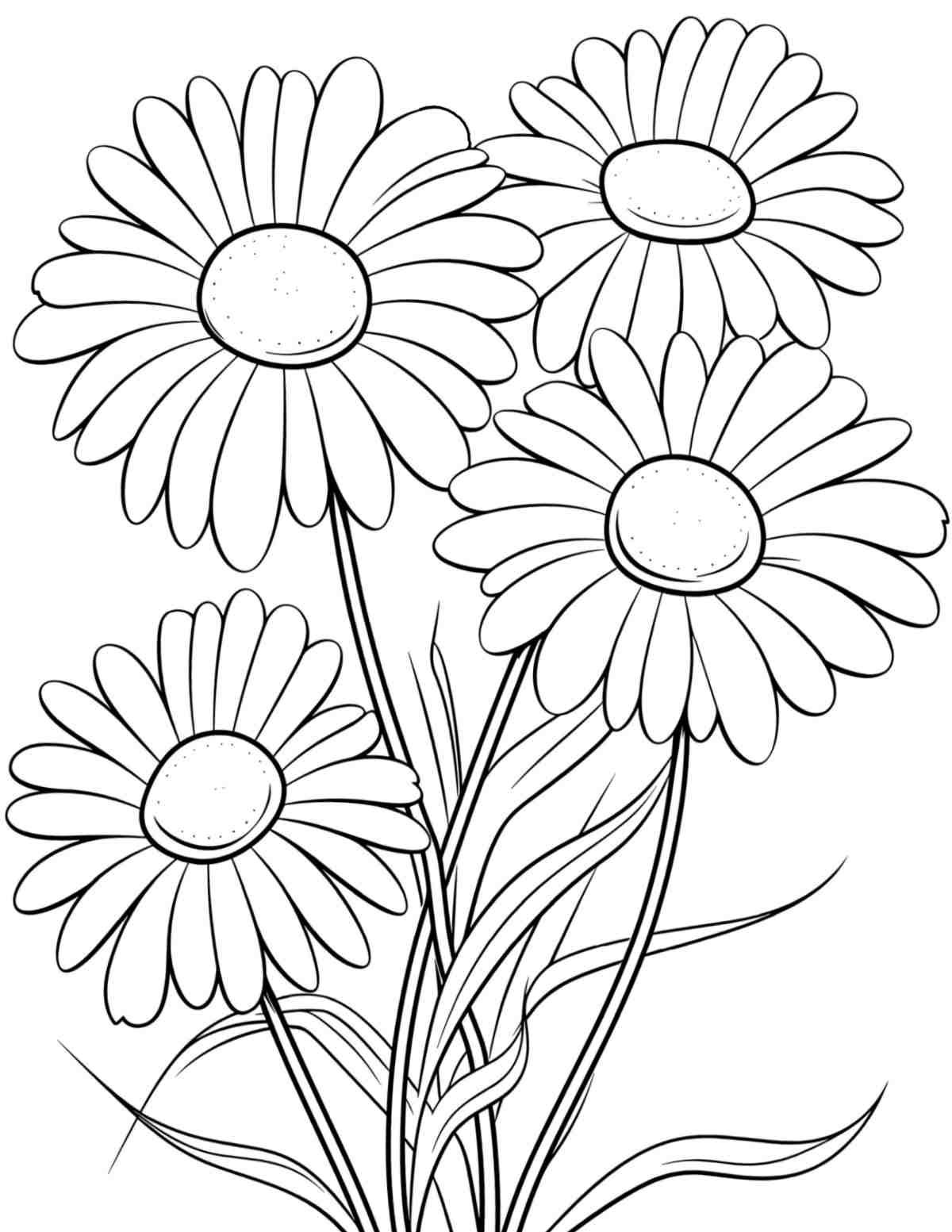 Uma página para colorir de margaridas grátis para imprimir, com cinco margaridas grandes no centro da folha para colorir.