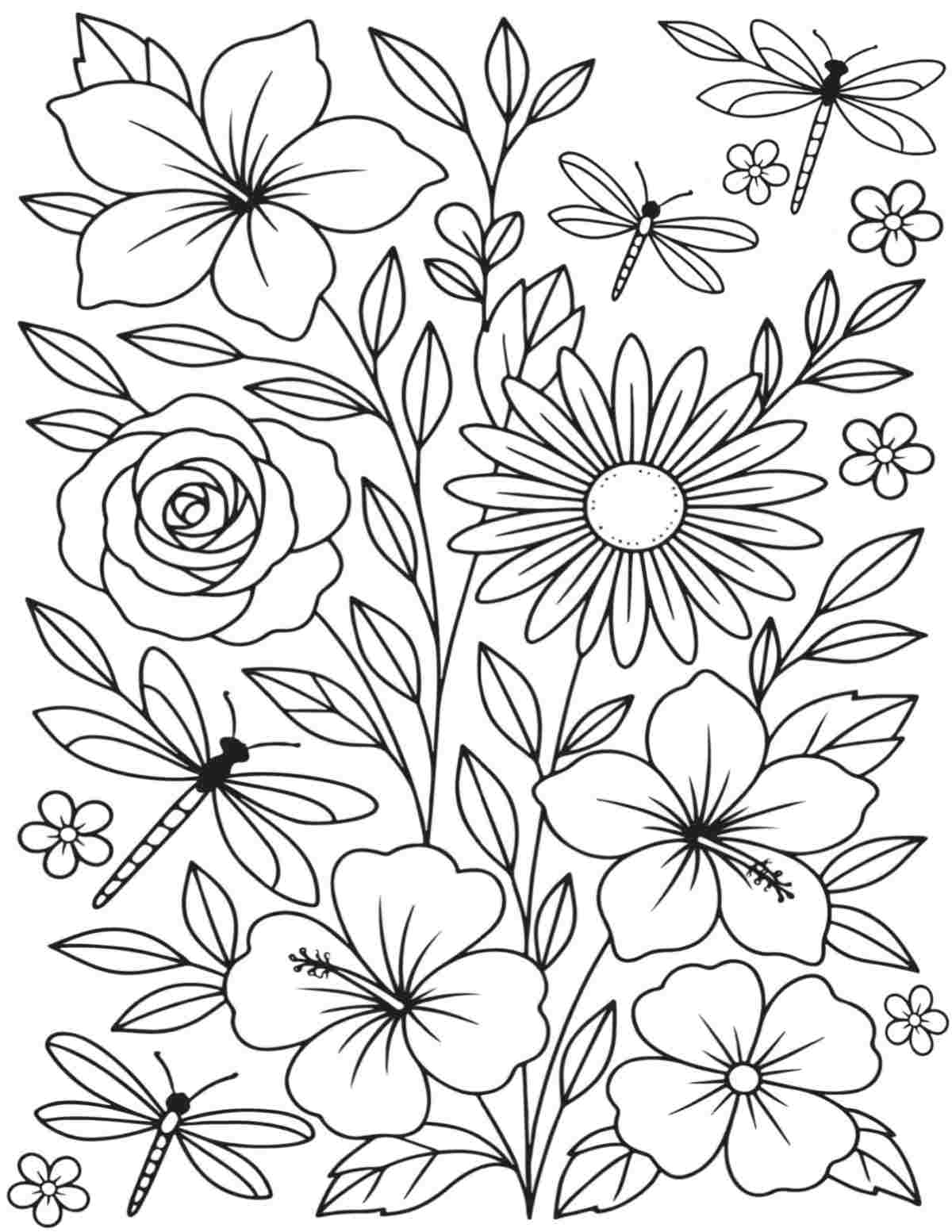 Uma página para colorir de libélulas grátis para imprimir, com uma grande variedade de flores e libélulas voando ao redor delas.