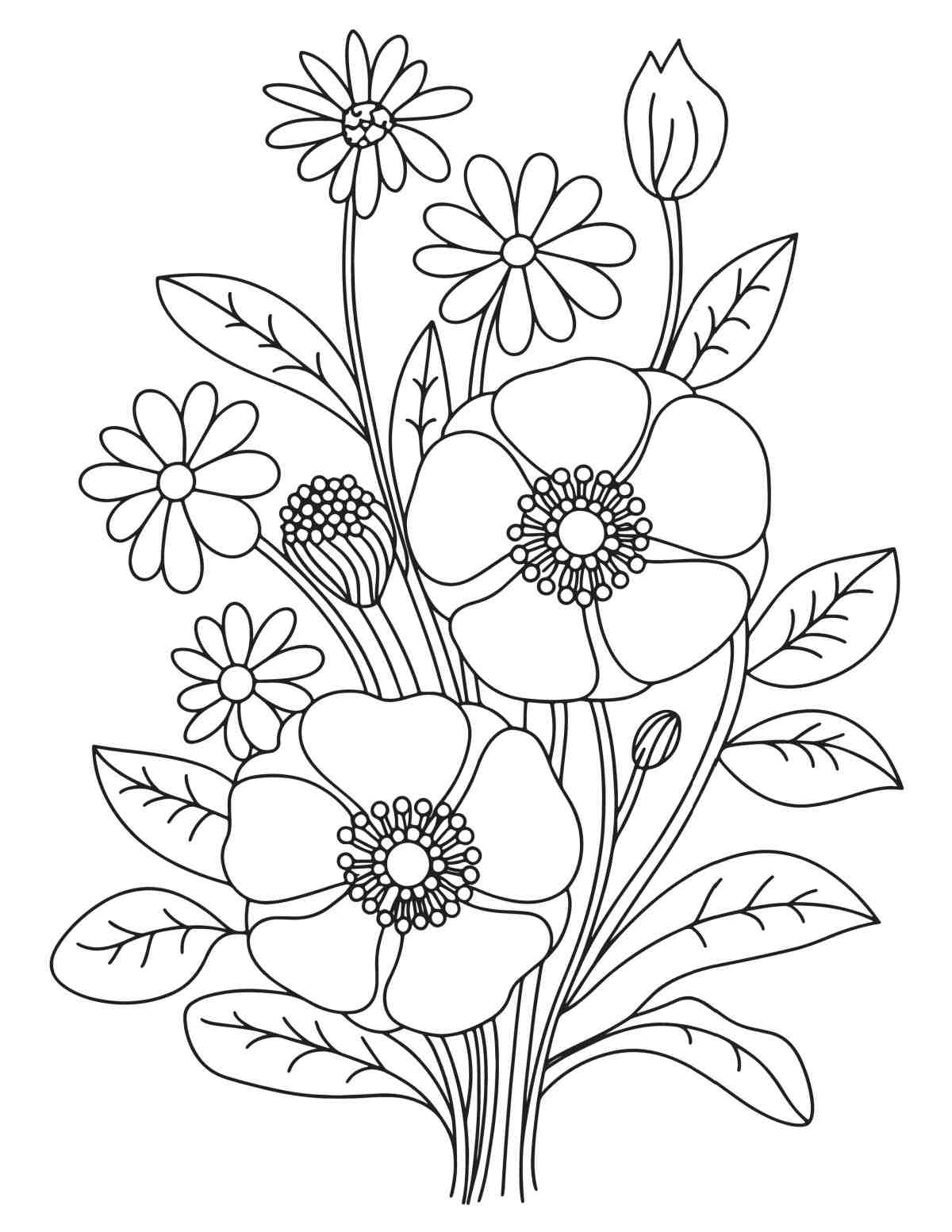 Uma imagem grátis de folhas para colorir de flores para imprimir com um buquê de várias flores e folhagens.