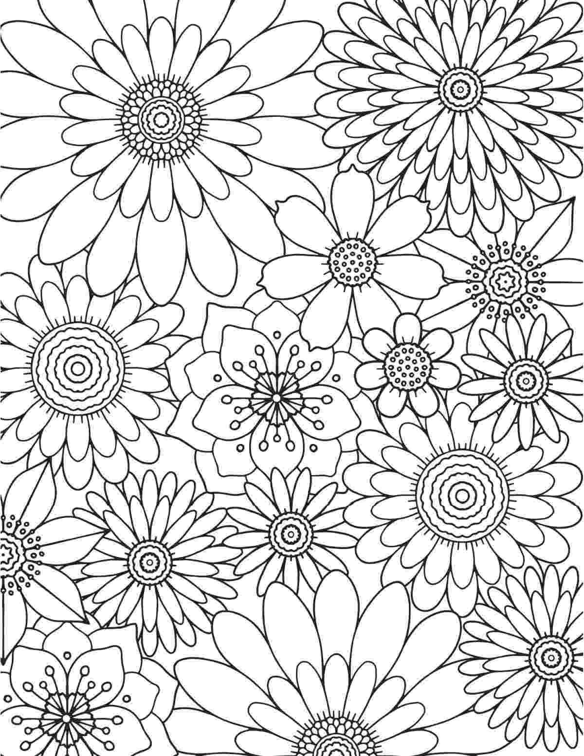 Uma página grátis para colorir de flores para imprimir, em que todo o desenho está preenchido com cabeças florais circulares de tamanhos variados.