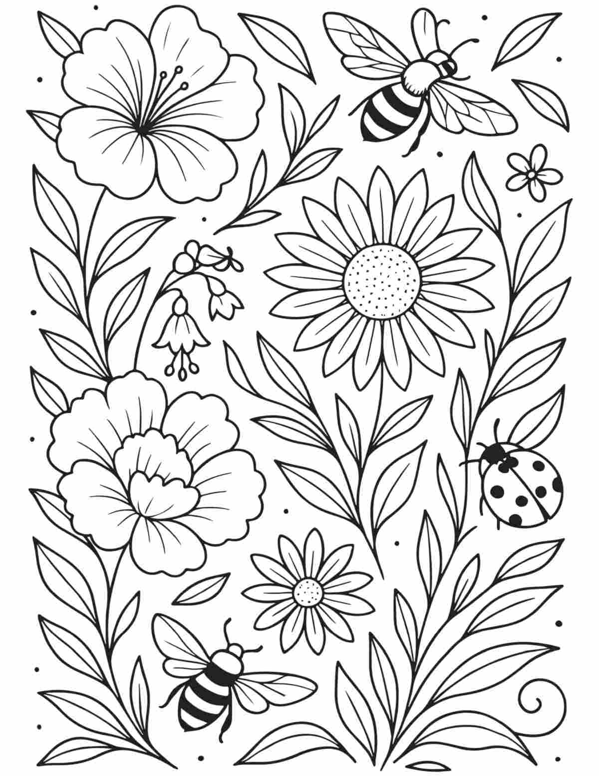 Uma página para colorir de abelhas grátis para imprimir com uma variedade de flores com abelhas e joaninhas ao redor delas.