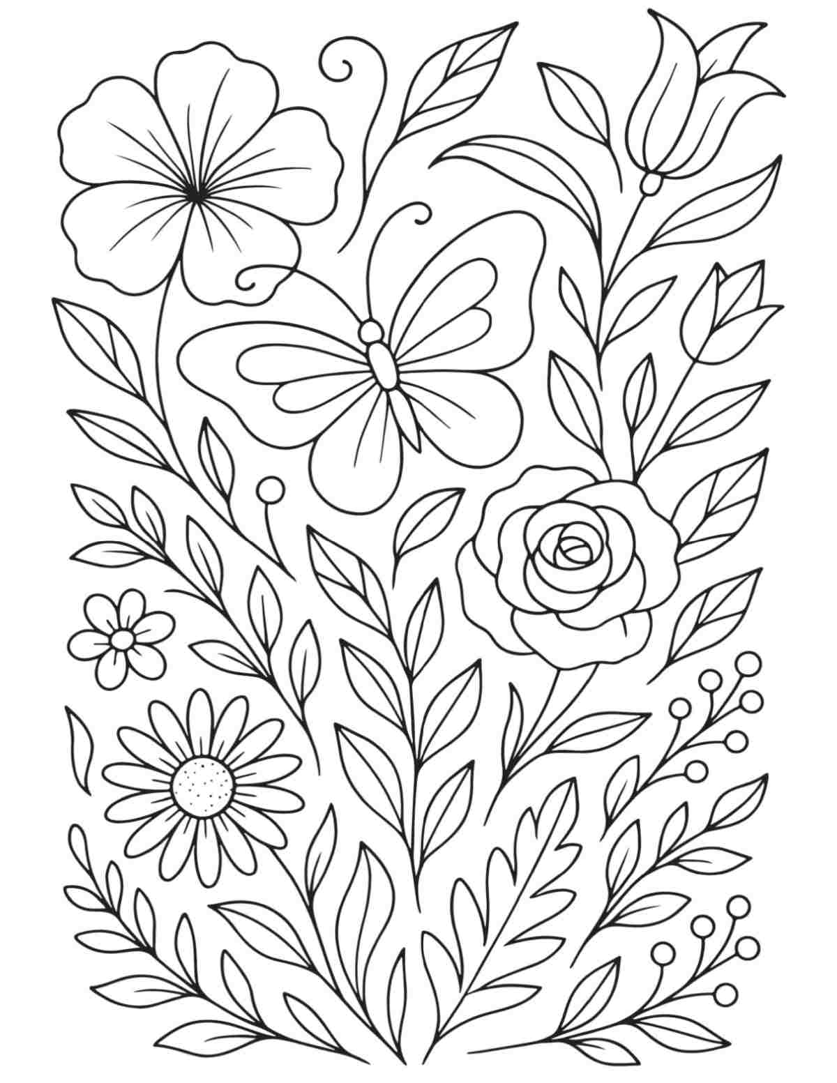 Uma página grátis para colorir de borboletas para imprimir com uma borboleta grande, com várias flores e folhagens ao redor dela.