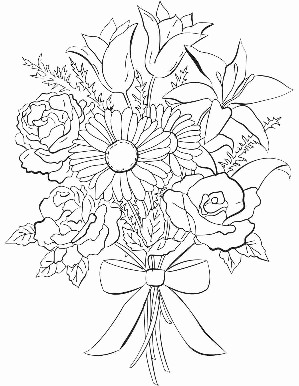 Uma imagem de página para colorir de buquê de flores grátis para imprimir com um grande buquê com várias flores, incluindo rosas, margaridas e lírios, tudo amarrado com uma fita.