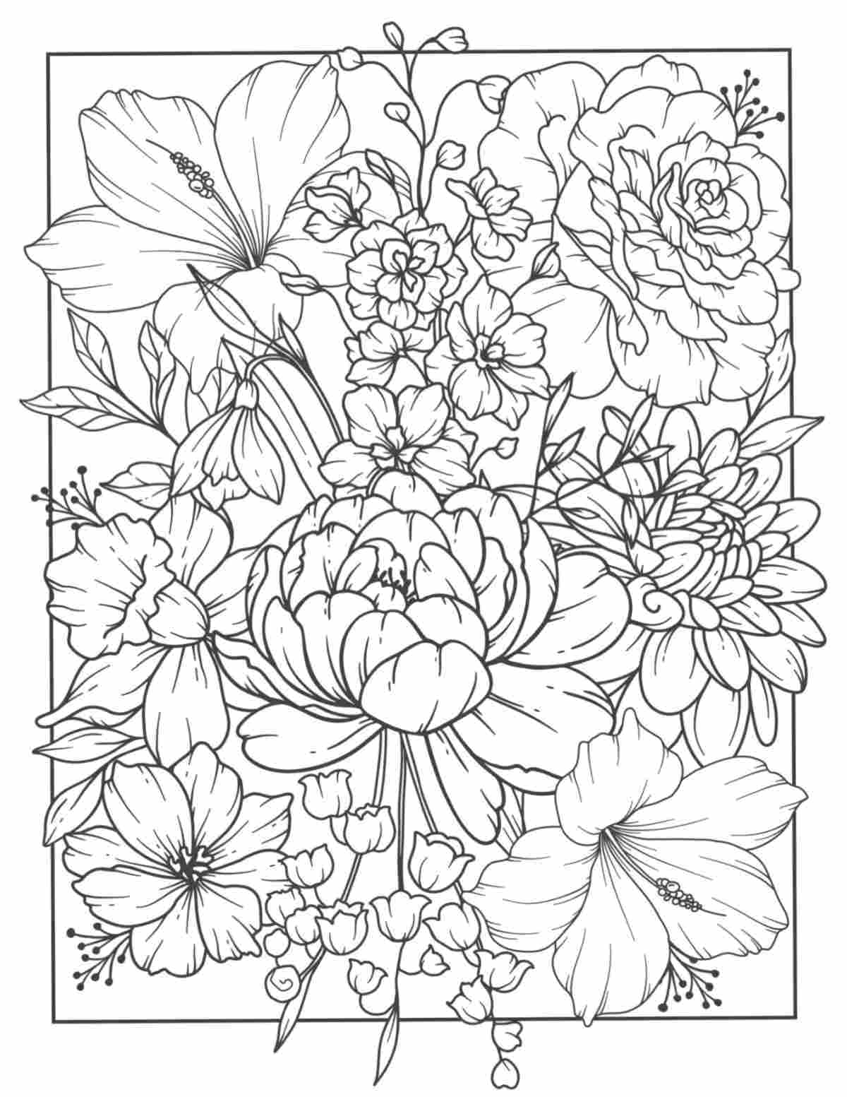 Uma página grátis para colorir de flores para imprimir com uma borda retangular, com várias flores transbordando para fora da borda, criando uma folha para colorir exuberante.