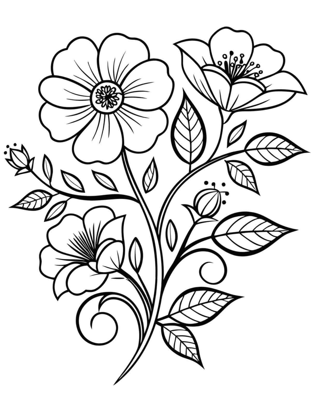 Uma imagem de página para colorir de flores grátis para imprimir que mostra um caule em flor com três cabeças florais e várias folhas.