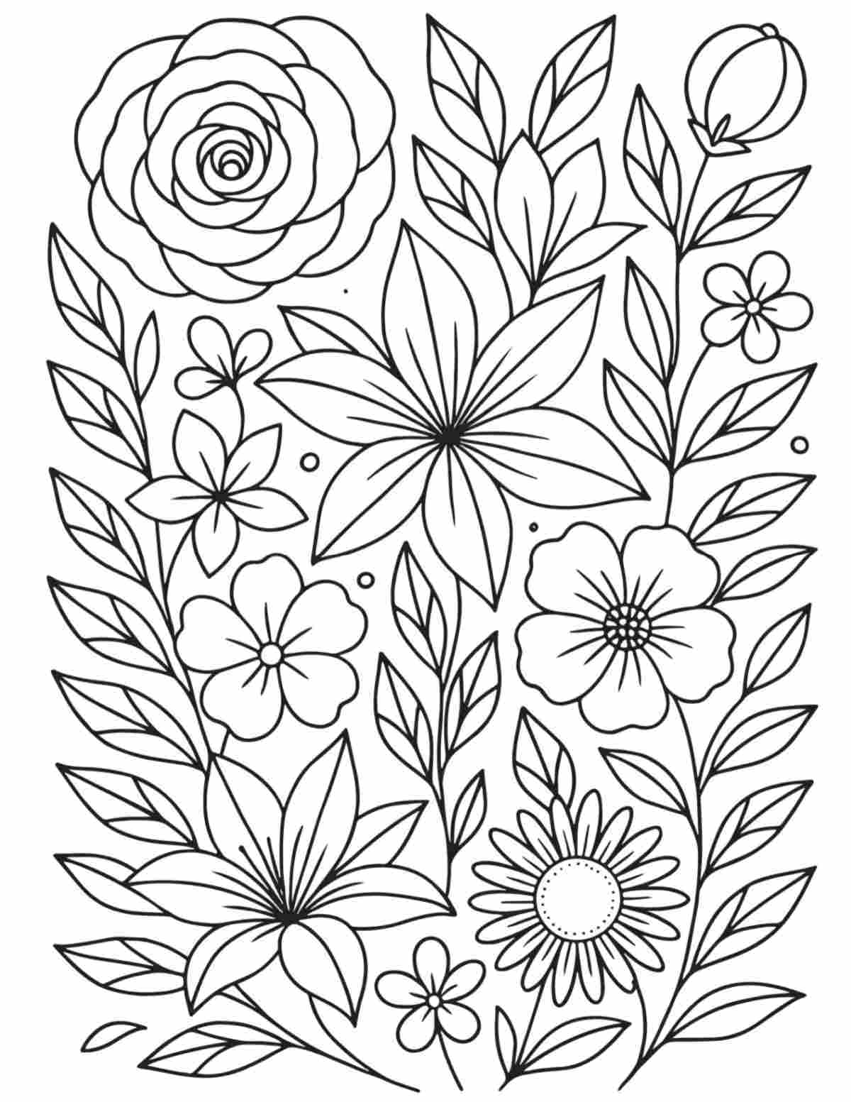 Uma imagem de folhas para colorir de flores grátis para imprimir, preenchida com várias flores tropicais e populares e folhagens.
