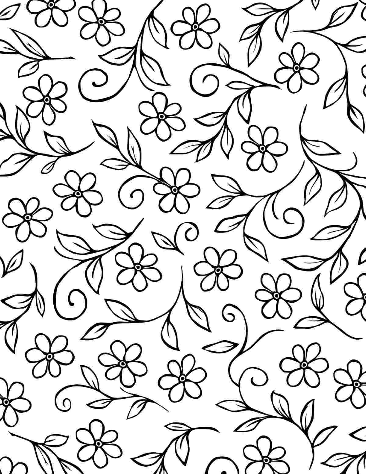 Uma folha grátis para colorir de flores para imprimir, preenchida com flores pequenas e folhas.