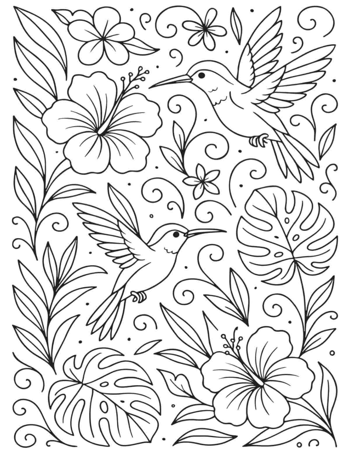 Uma página para colorir de beija-flores grátis para imprimir com dois beija-flores voando ao redor de plantas tropicais, incluindo flores de hibisco e folhas de monstera.