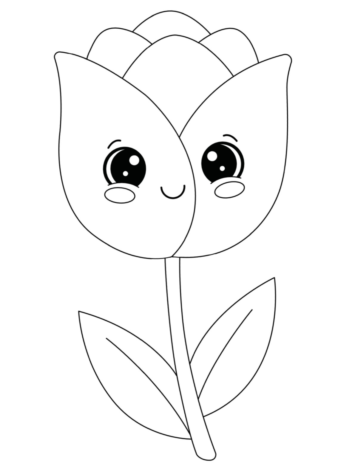 Uma página para colorir de tulipas grátis para imprimir com uma tulipa em estilo cartoon sorrindo no centro da folha para colorir.
