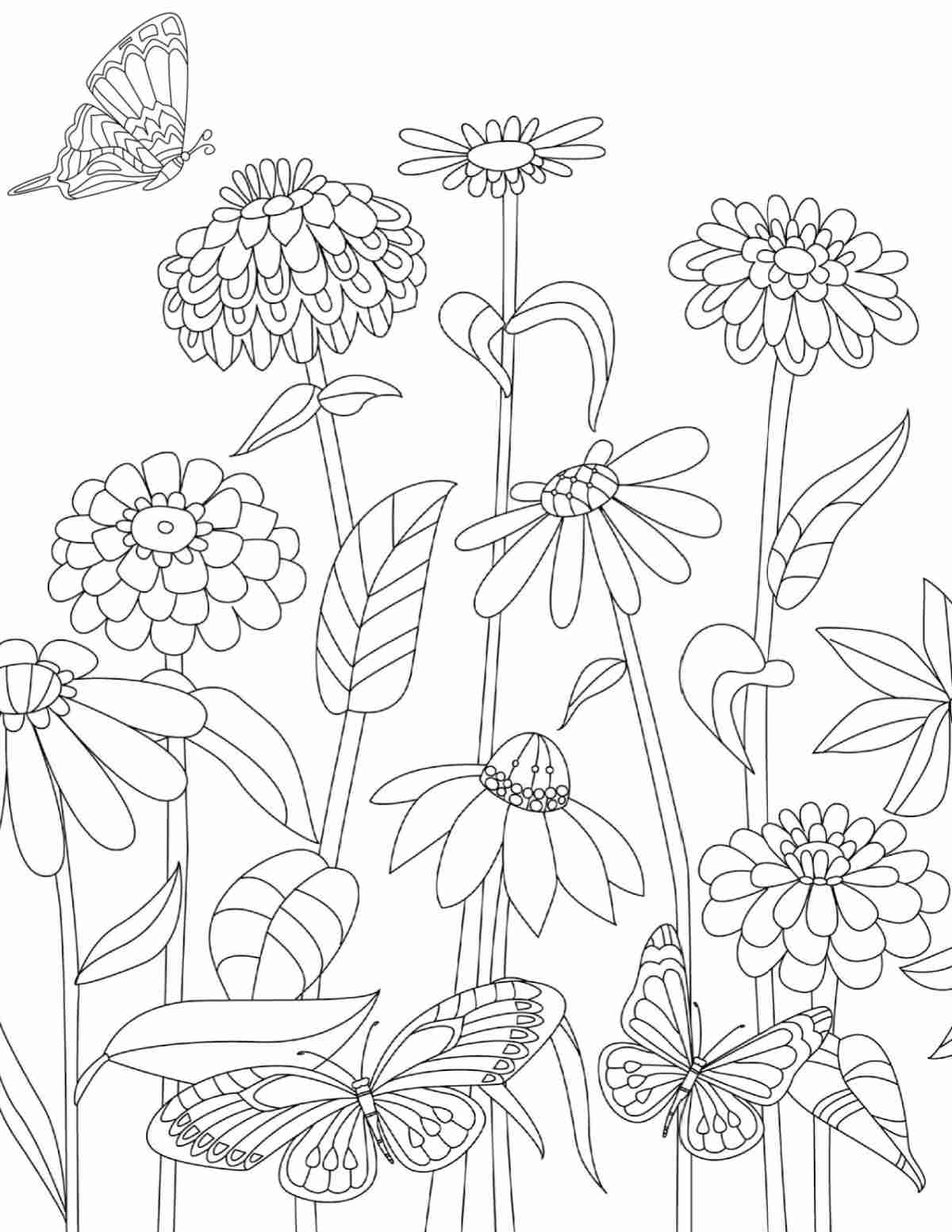 Uma página para colorir de flores silvestres grátis para imprimir, com uma variedade de flores silvestres diferentes e uma borboleta pairando acima de uma delas.