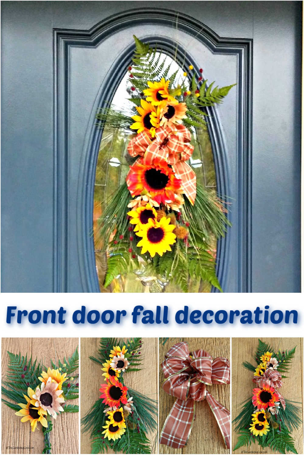 Uma colagem mostrando uma decoração azul com um enfeite de porta de outono e fotos de close mostrando como fazer. Caixa de texto branca lê 'Decoração de Porta de Outono'.