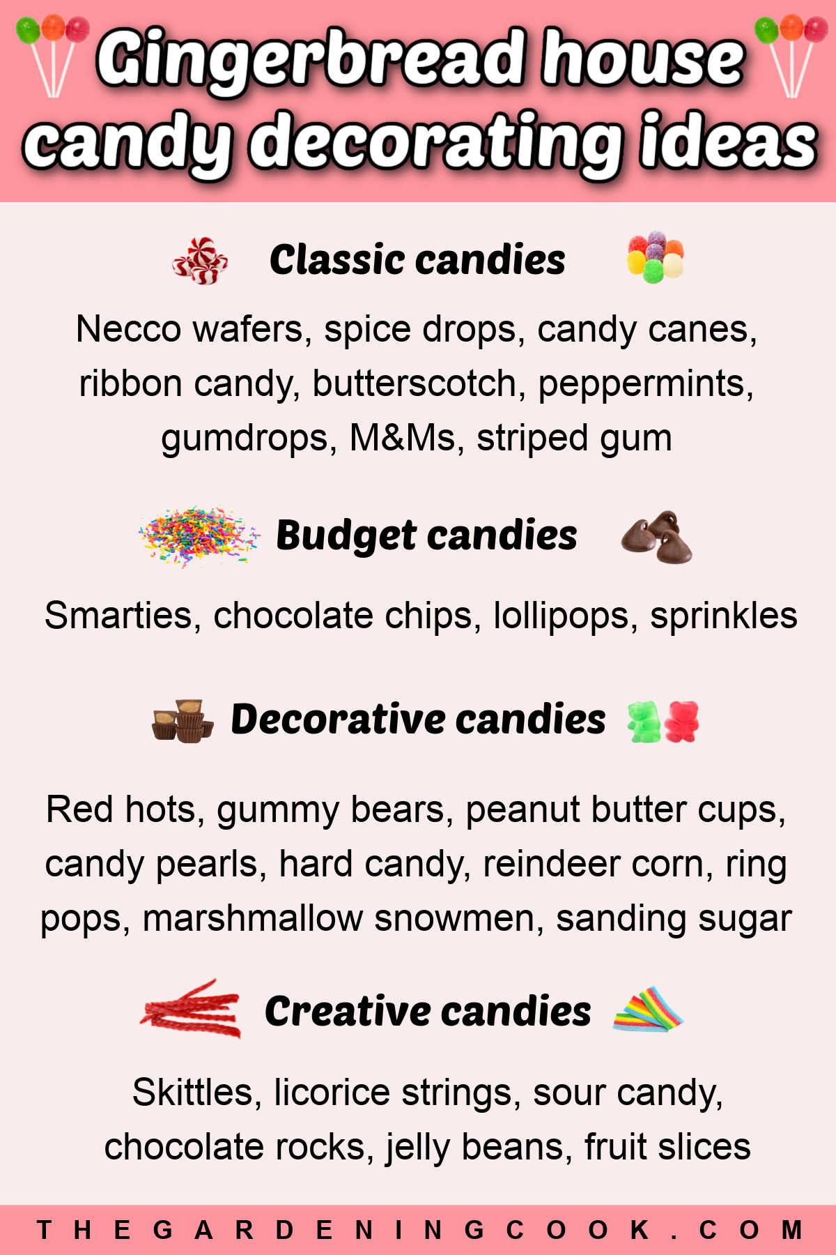 Baixe uma impressão grátis com lista de balas para casa de gengibre Um impresso com quatro listas de balas clássicas, econômicas, decorativas e criativas, com imagens das balas. A caixa de texto rosa diz: ideias de decoração de balas para casa de gengibre.