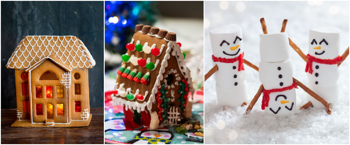 Ideias criativas para casas de gengibre. Um collage com fotos de uma casa de gengibre com janelas tipo vitral, uma casa com corninho de rena e copinhos de manteiga de amendoim e 3 bonecos de neve de marshmallow.